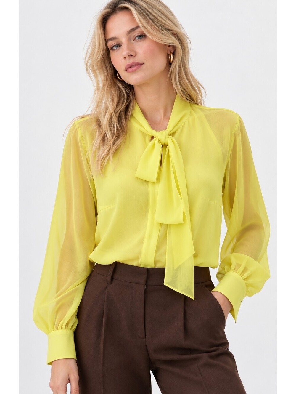 Zarina Lemon Yellow Tie-Neck Blouse – EU 46/ US 12/14 L